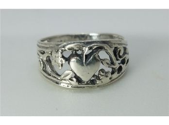 Vintage Sterling Size 5 1/2 Heart & Floral Ring ~ Marked 925