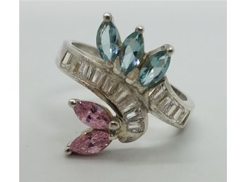 Fabulous Vintage Size 9 Sterling Silver With Aqua Pink And Clear Stones ~ Marked 925