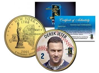 Brand New Derek Jeter 24K Gold Plates Colorized US New York State Quarter With COA