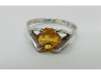 Vintage Size 7 Sterling Silver Ring With Large Golden Stone