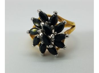 Size 8 Lovely 18K Gold Plated Ring With 12 Faceted Black Onyx