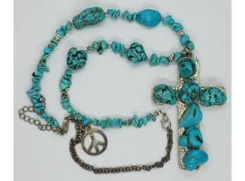 HUGE 3 1/2 Long Cross With Many Large Turquoise Stones ~ 24' Long Chain