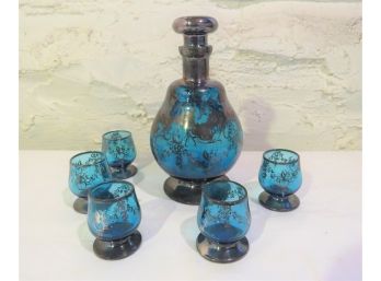 Turquoise Glass Cordial Decanter Set With Silver Overlay