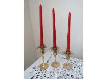 3 Palm Tree Motif Brass Candlesticks