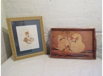 Wood Duck Swan Tray With Brass Accents And Floral Art Print