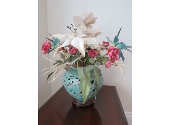 Vintage Asian Reticulated Vase On Wood Stand With Floral Arrangement