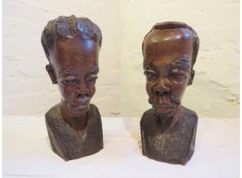 Pair Male & Female Carved Wood African Busts