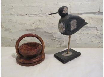 Wood Bird On Stand And Collapsible Wood Basket