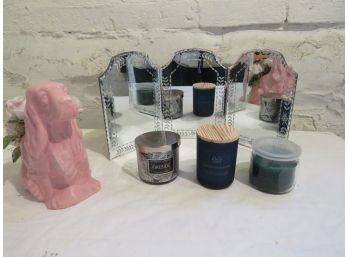 Decorative Tri Fold Mirror, Planter And Candles