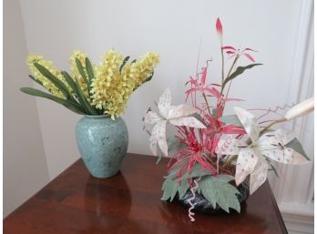 Korean Celedon Vase And Floral Arrangements