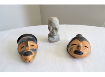 2 Pottery Mask Faces And African Carved Stone Bust