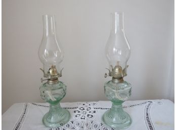 2 Vintage Glass Oil Hurricane Lanterns