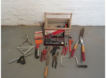 Various Tools Including Garden Tools In Wood Carrier