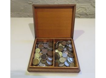 Foreign Coins In A Decorative Wood Box