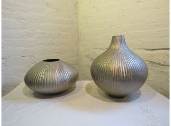 2 Decorative Ribbed Silver Metal Modernist Vases