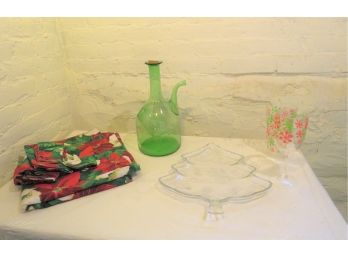 Green Glass Wine Porron Bottle With Holiday Decor