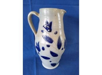 Small Stoneware Pottery Pitcher Blue Flower Decoration