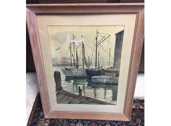 Gorgeous Rockport Mass  Harbor Scene Watercolor   By Listed Mass Artist R.lucas 1940s-50s