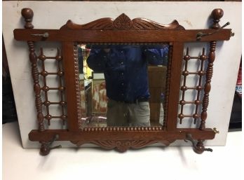 Antique Stick And Ball Oak Hanging Mirror And Hat Rack . Excellent Condition