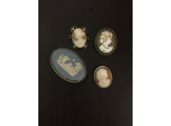 4 Antique  Sterling Cameos . One Wedgwood . All Beautiful