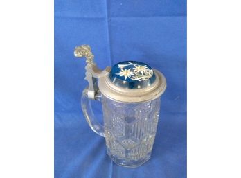 Antique Pressed Glass Stein Hand Painted Teal Glass Lid