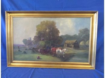 Antique Oil On Canvas Painting Haying Pastoral Landscape With Horses
