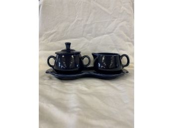 Cobalt Blue Fiesta Ware Creamer And Sugar Set With Tray