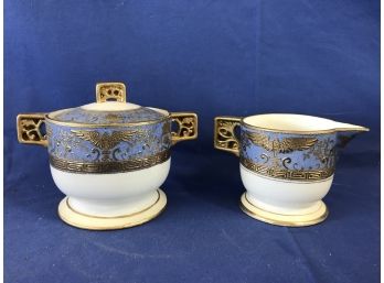 Antique Hand Painted Nippon Creamer And Sugar  Blue And Gold