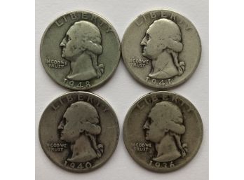 4 Washington Quarters Dated 1936, 1940, 1941, 1948