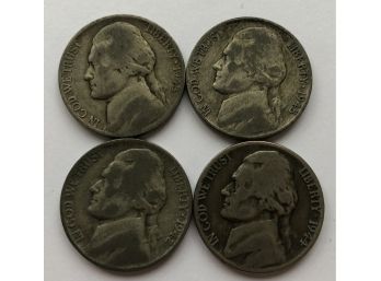 Wartime Silver Nickels Dated 1942 P, 1943 P, 1944 P, 1945 P (35 Per Cent Silver)