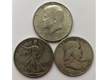 Trio Of Half Dollars  (1964 Kennedy, 1943 Walking Liberty, 1951 Franklin)