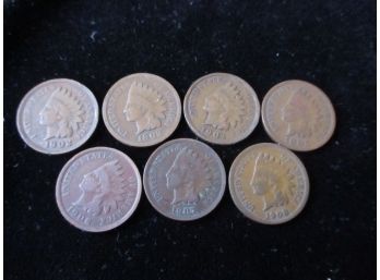 7 U.S. Indian Head Pennies, 1902, '03, '04, '05, '06, '07, '08