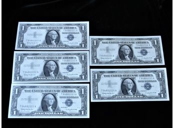 1957 B U.S. Silver Certificate One Dollar Bills, 5 Consecutive Uncirculated, 21-26, Set 3