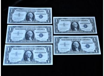 1957 B U.S. Silver Certificate One Dollar Bills, 5 Consecutive Uncirculated 31-35, Set 1