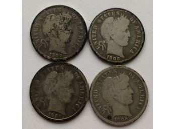 4 Barber Dimes Dated 1906, 1907, 1908, 1909