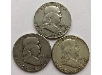 3 Franklin Half Dollars Dated 1952, 1960 D, 1963