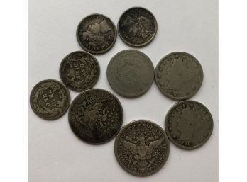 2 Barber Quarters, 3 Barber Dimes, 3 V Nickels (See Descriptions For Dates)