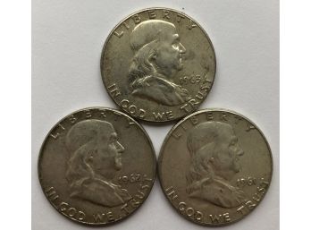 3 Franklin Half Dollars Dated 1961, 1962, 1963