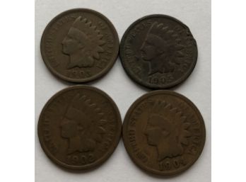 4 Indian Head Pennies Dated 1902, 1903, 1904, 1905 (Pictures Dark-coins Nice)