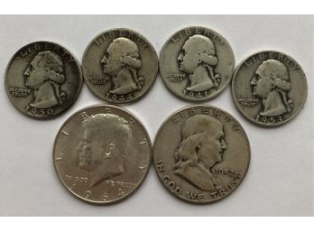 Coin Combo 1964 Kennedy, 4 Washington Quarters, One Franklin Half Dollar (See Desc)