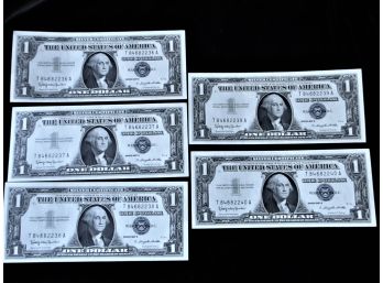 1957 B U.S. Silver Certificate One Dollar Bills, 5 Consecutive Uncirculated, 36-40, Set2