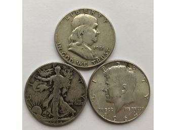 Trio Of Half Dollars (1951 Franklin, 1964 Kennedy, 1942 D Walking Liberty)