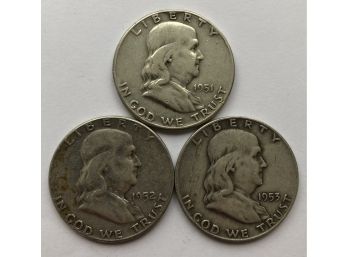 3 Franklin Half Dollars Dated 1951, 1952, 1953 D