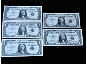 1957 B U.S. Silver Certificate One Dollar Bills, 5 Consecutive Uncirculated, 26-30, Set 4