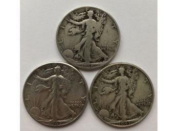 3 Walking Liberty Half Dollars Dated 1938, 1942, 1943