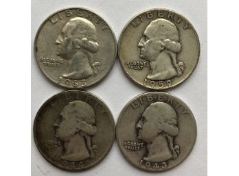 4 Washington Quarters Dated 1959, 1944 S, 1943, 1963