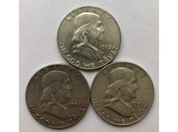 3 Franklin Half Dollars Dated 1954, 1957 D, 1963