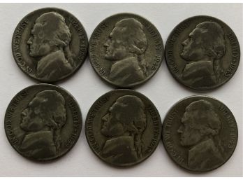 6 Wartime Nickels Dated 1942 P, 1943 P, 1943 S, 1944 P, 1944 D, 1945 S (35 Per Cent Silver