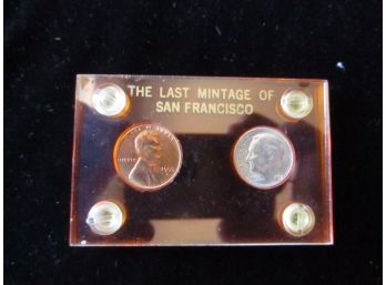 Last Mintage Of U.S. San Francisco, 1955 S, Penny & Dime Acrylic Display