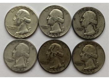 6 Washington Quarters Dated 1964, 1943, 1945, 1952, 1958 D, 1956